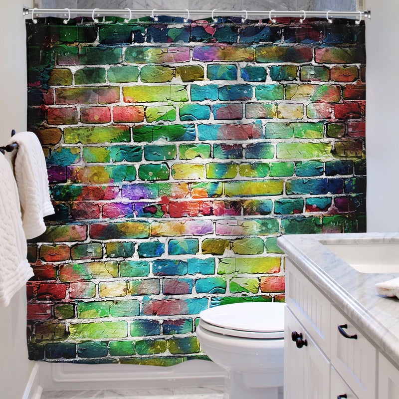 Riyidecor Colorful Graffiti Brick Wall Shower Curtain Hip Hop Multicolor Rainbow Painting Cool Street Fun Aesthetic Decor Fabric Bathroom Polyester Waterproof 72x72 Inch 12-Pack Plastic Hooks WW-VKSU - Image 3
